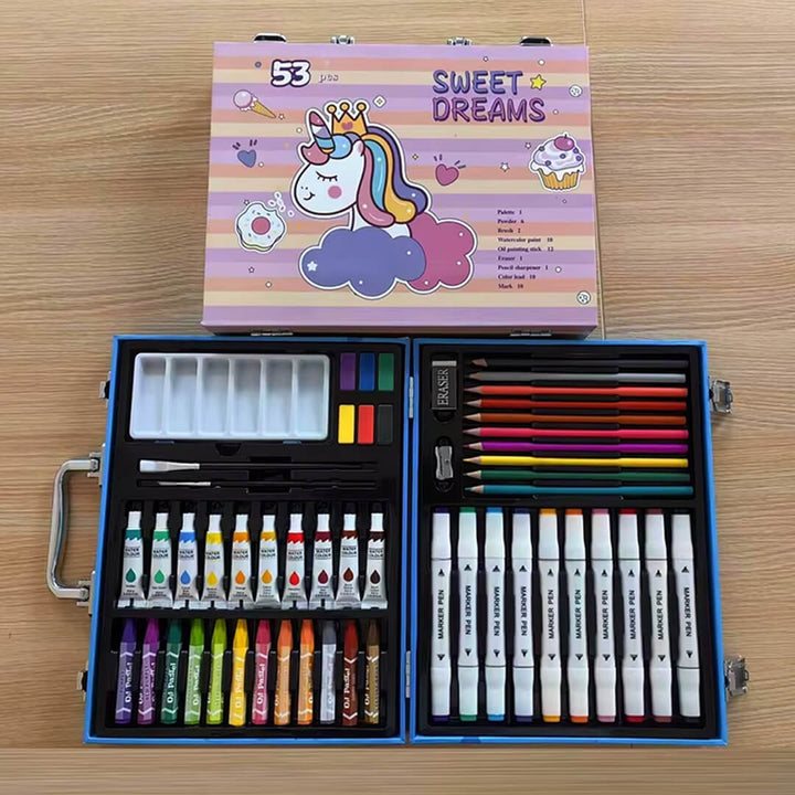 Pink unicorn art case with complete drawing and painting tools