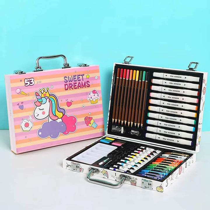 Kids 53-piece art kit with unicorn themed travel case