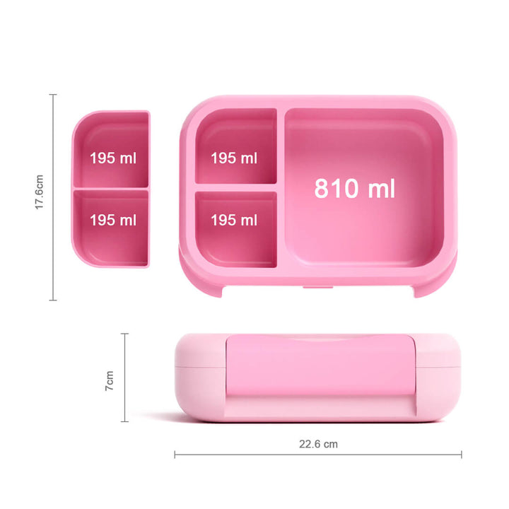Pink Unicorn lunch box, dimensions of the inner compartments