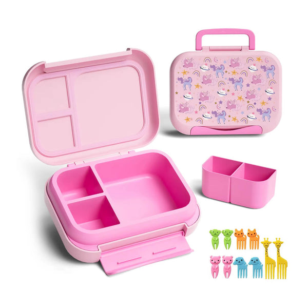 Unicorn-themed kids bento lunch box with 5 compartments & mini forks