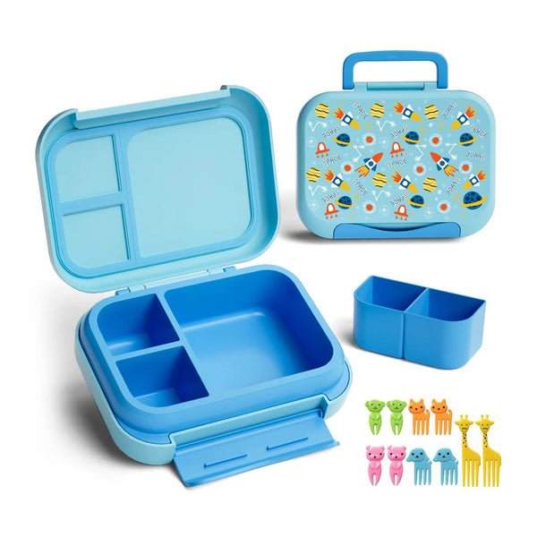 Space-themed kids bento lunch box with 5 compartments & mini forks
