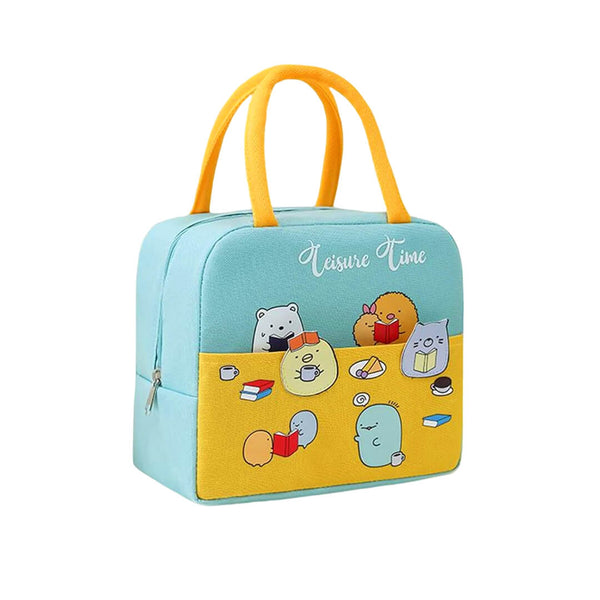 Kids lunch bag with cartoon figures in teal and yellow