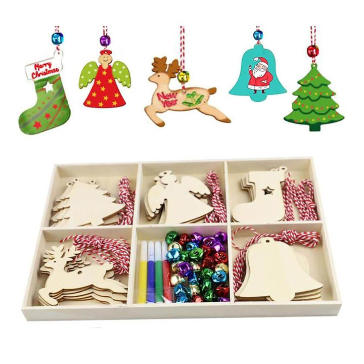 Set of Christmas-themed wooden ornaments in a box with decorative items.