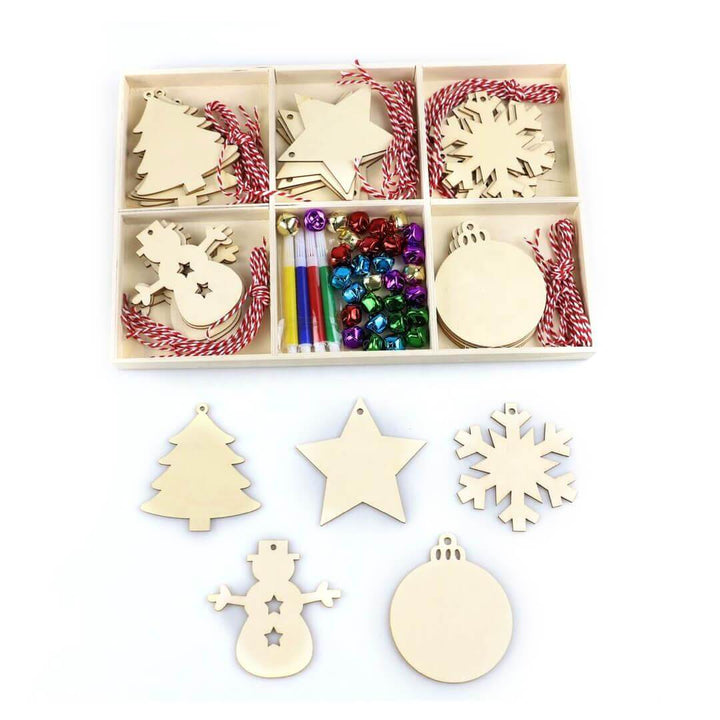 Set of wooden Christmas ornaments in a box with decorative items, style C