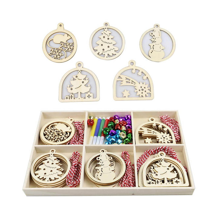 Set of wooden Christmas ornaments with decorative items in a box, style A