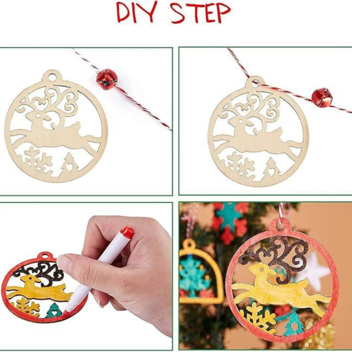 Step-by-step guide to decorating a wooden reindeer ornament with markers.
