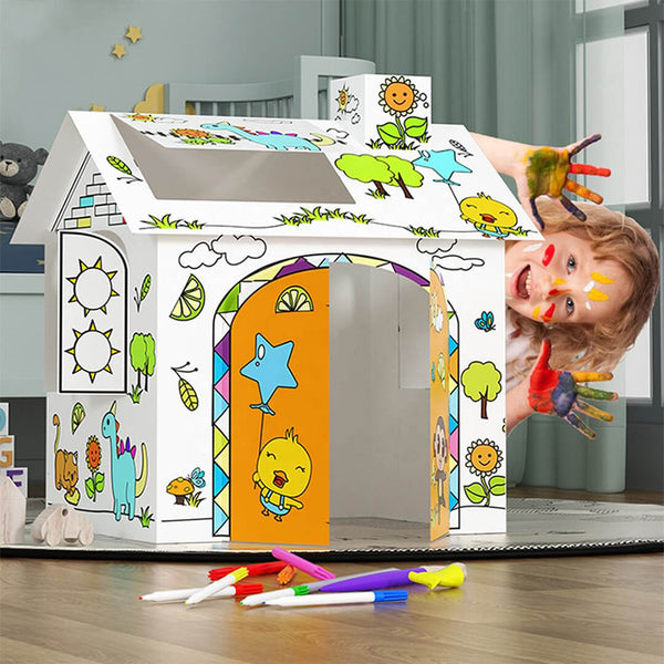 Buildable cardboard house for kids art and play activities