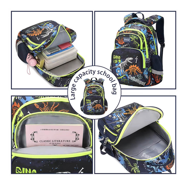 Multifunctional backpack with dinosaur design, showing interior compartments and capacity.