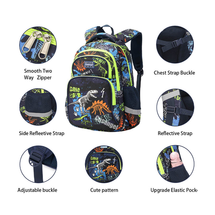 Kids dinosaur backpack set in black with green and orange skull print