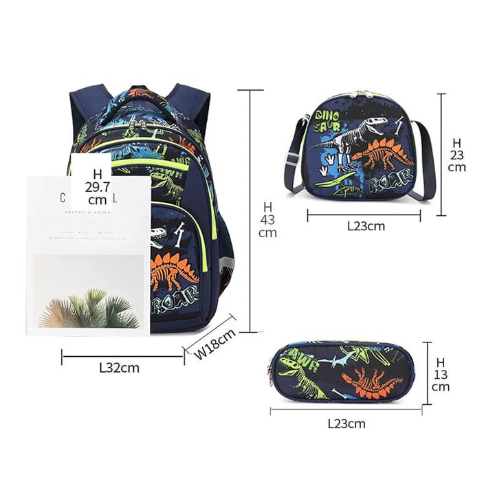 Kids dinosaur backpack set in black with green and orange skull print, dimensions