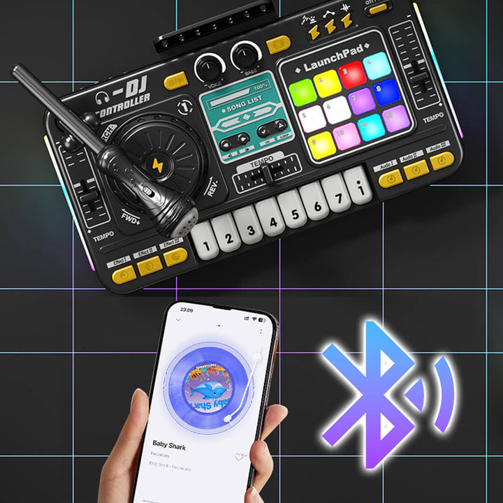 Portable DJ mixer toy for kids with with bluetooth and programming mode.