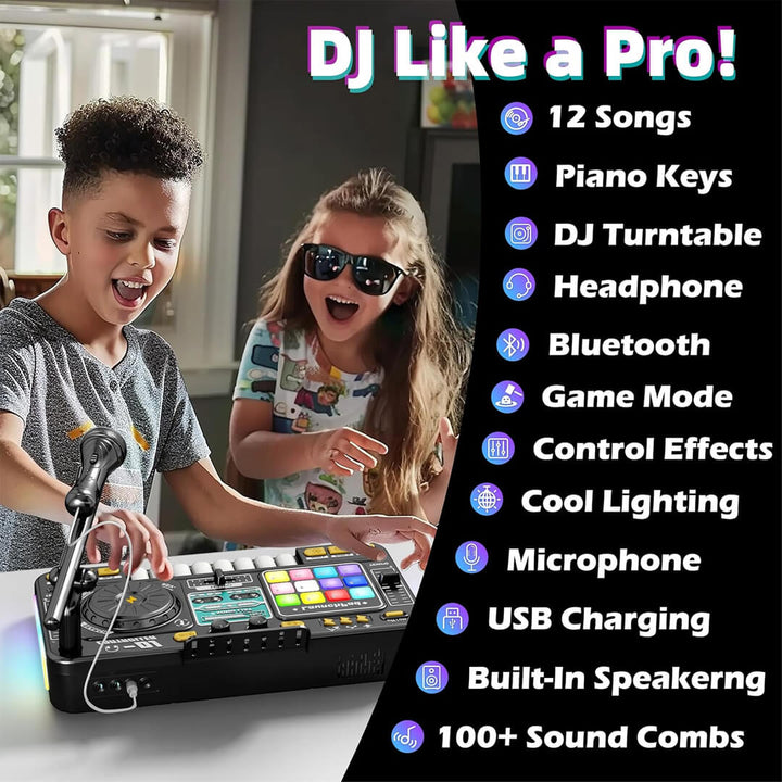 Kids musical DJ table with piano and reaction music games.