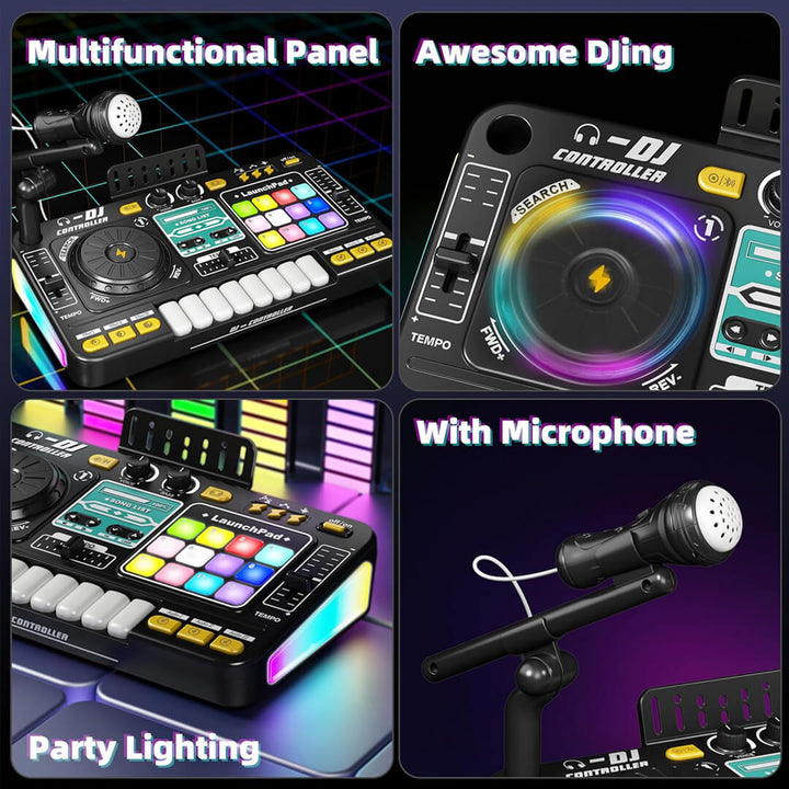 Kids DJ music toy with mic and wireless play options.