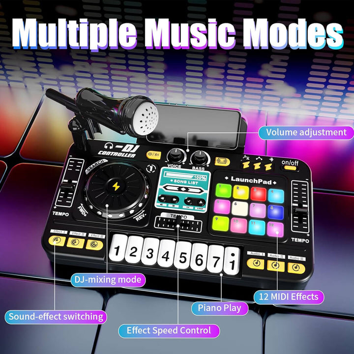 Kids music mixing table with mic and colorful light display.