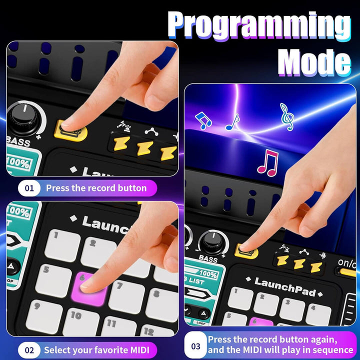 Kids piano and DJ toy with light-up buttons and programming mode.