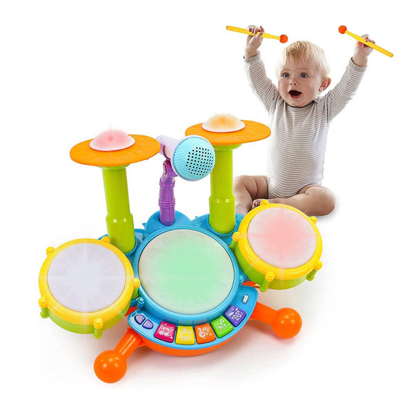 Kids drum set for toddlers with lights, sounds, and microphone.