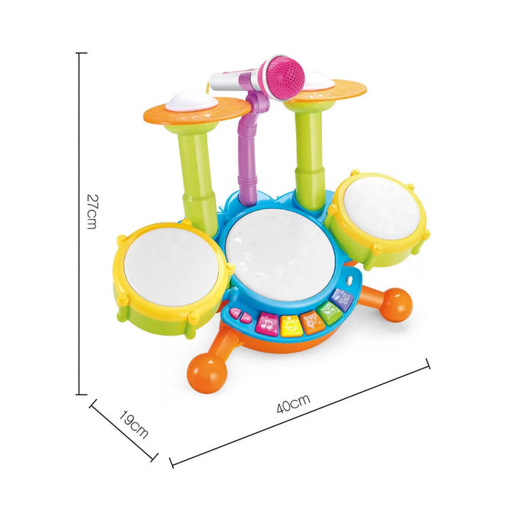 Dimensions of the colorful toy drum set with microphone for toddlers.