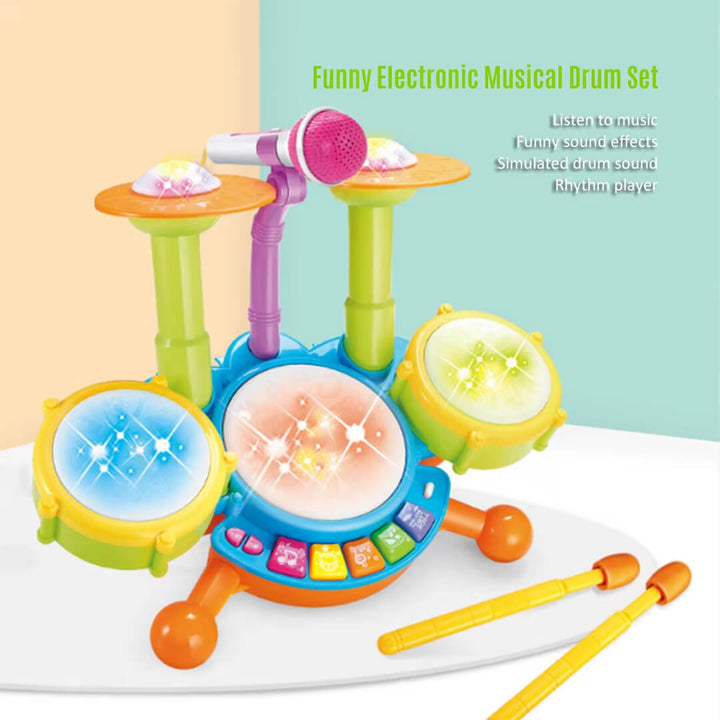 Colorful electronic musical drum set with lights and sound.