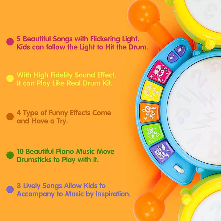 Interactive toddler drum set with piano and percussion sounds.