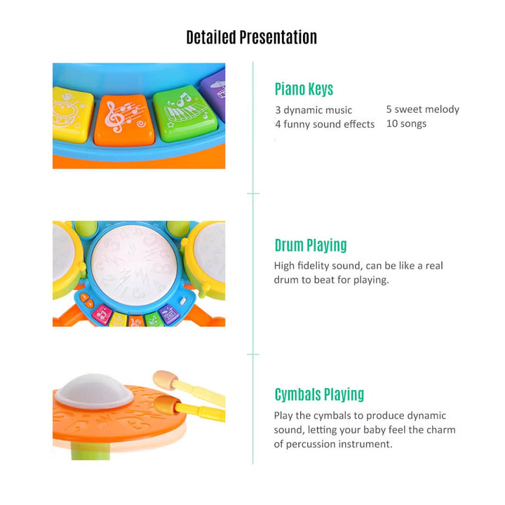 Colorful toy piano, drum, and cymbals with text describing features.