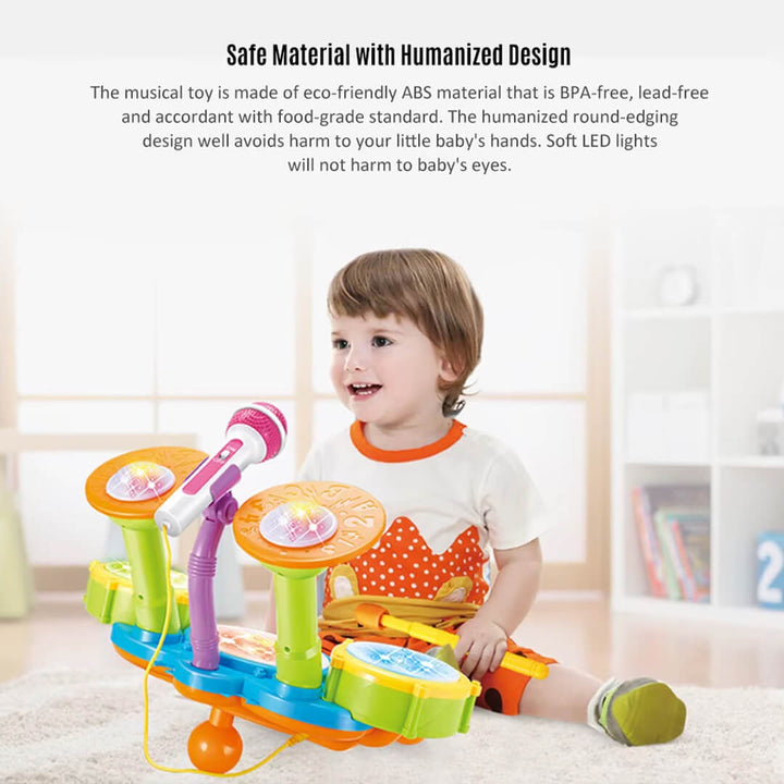 Child playing with a colorful drum toy set with microphone.