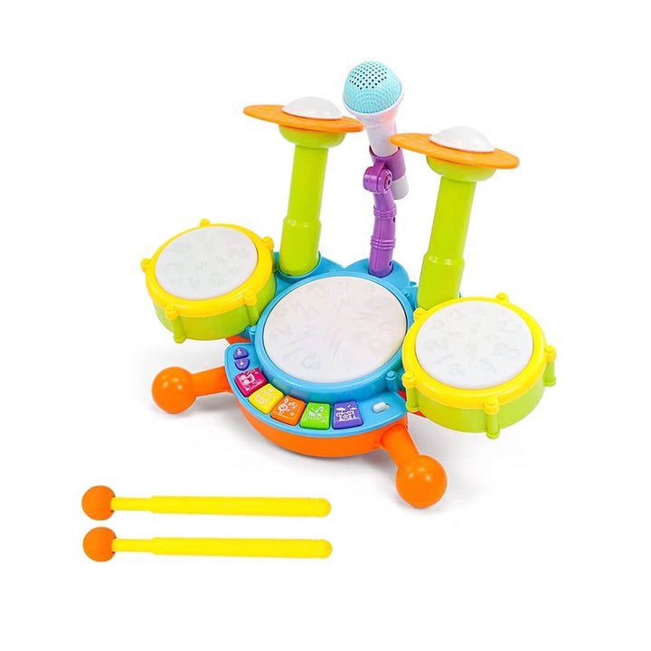 Colorful toy drum set with microphone and drumsticks for toddlers.
