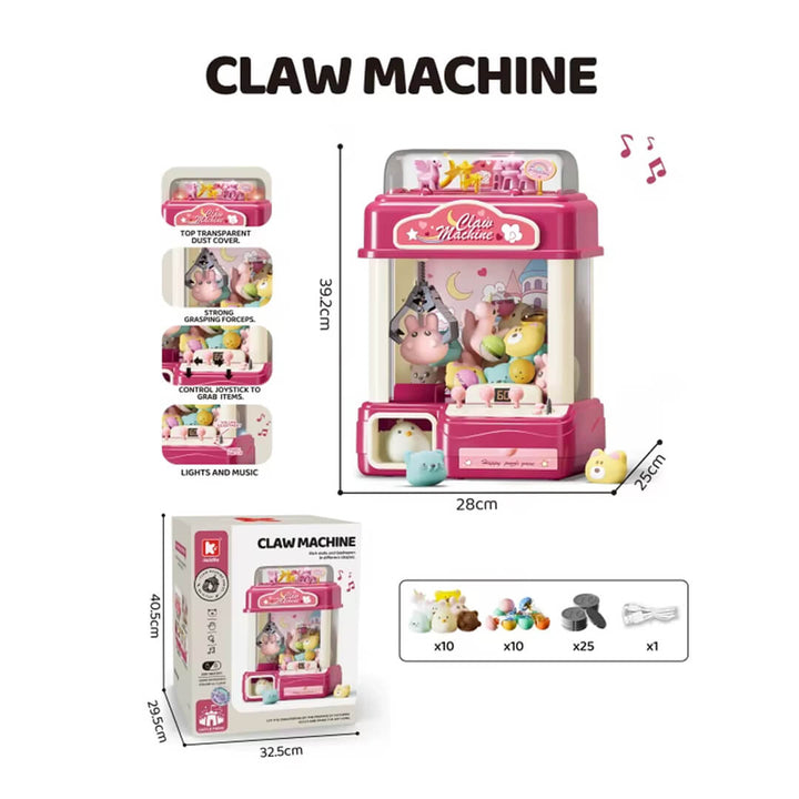 Pink kids electronic claw machine toy with packaging and specifications 