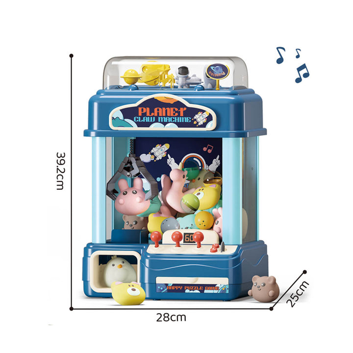 Toy claw machine with various toys inside, labeled 'Planet Claw Machine,' with dimensions