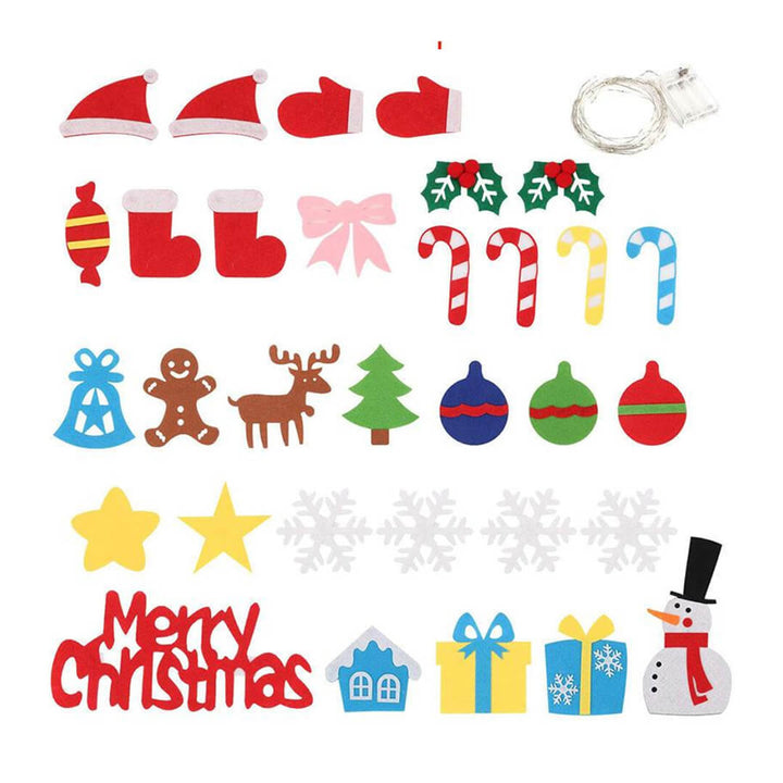 Christmas tree felt decoration set with hanging rope and LED lights