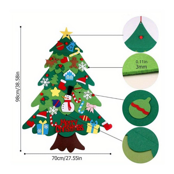 Felt Christmas tree on a wall with decorations and measurements 