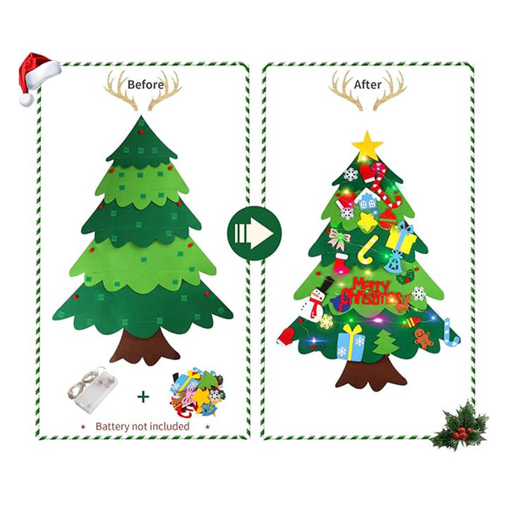 Before and after comparison of a felt Christmas tree decoration with lights and ornaments.