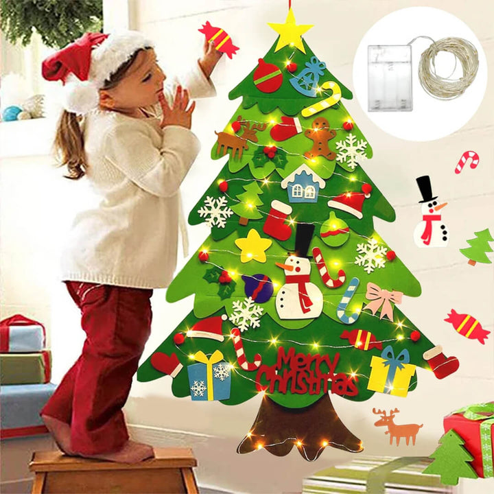 Christmas tree felt decoration set with hanging rope and LED lights