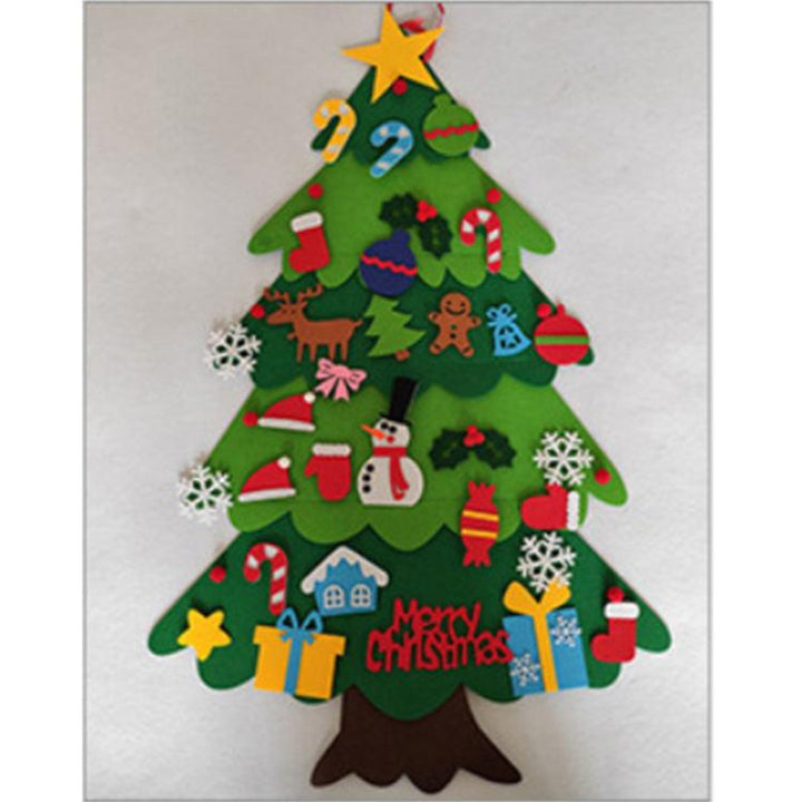Hanging felt Christmas tree on a wall with ornaments 