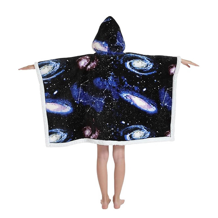 2-in-1 Kids Fleece Hoodie Blanket – Dark Blue Planets