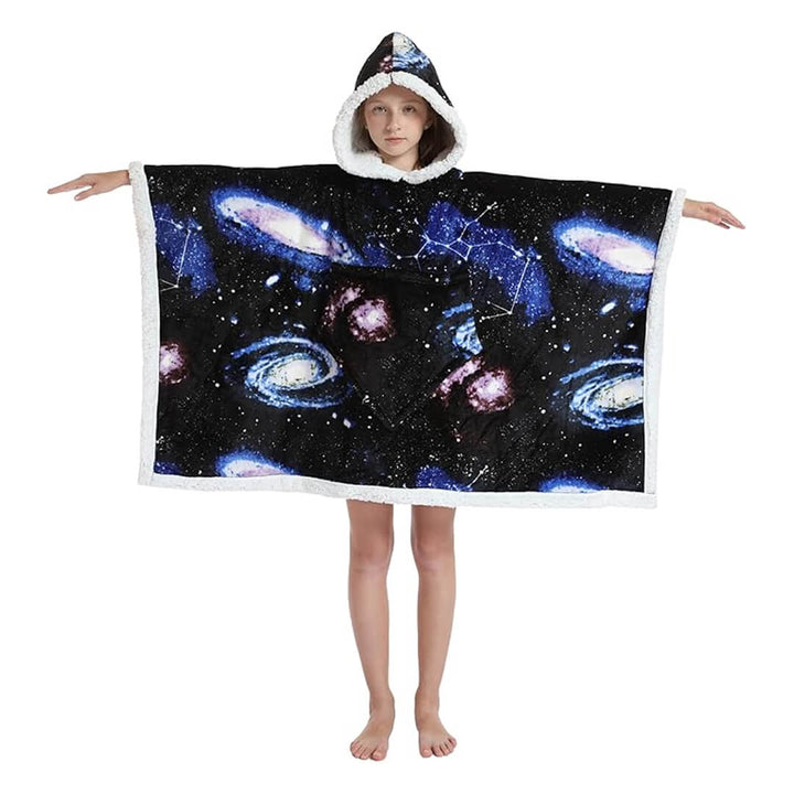 2-in-1 Kids Fleece Hoodie Blanket – Dark Blue Planets