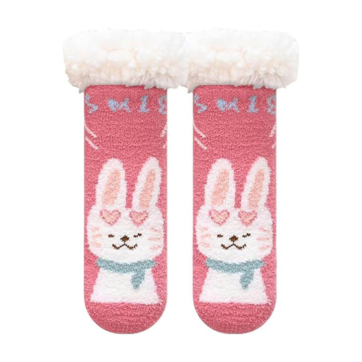 kids Fleece Sleep Socks (4-7 Years) - 3 Designs Pink Rabbit ( 16 - 21 cm)