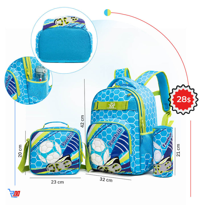 Backpack set with a soccer design, including a lunch bag and water bottle for grade 1 to 3