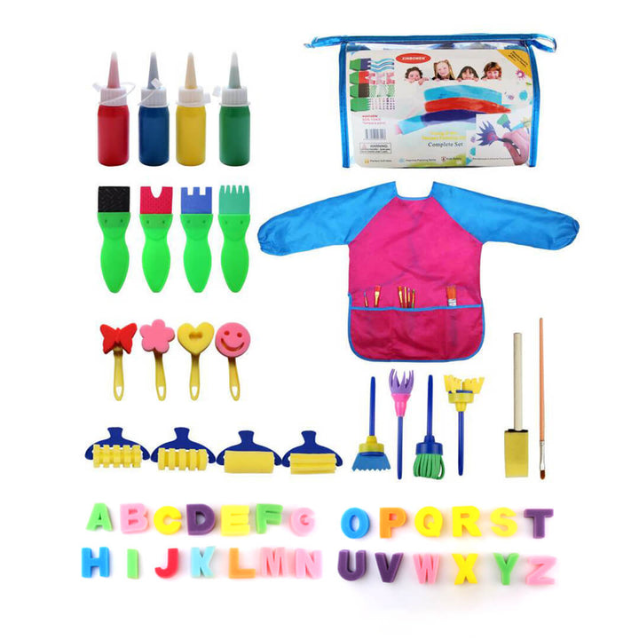Kids painting set with sponge brushes, foam letters and watercolors, pink apron