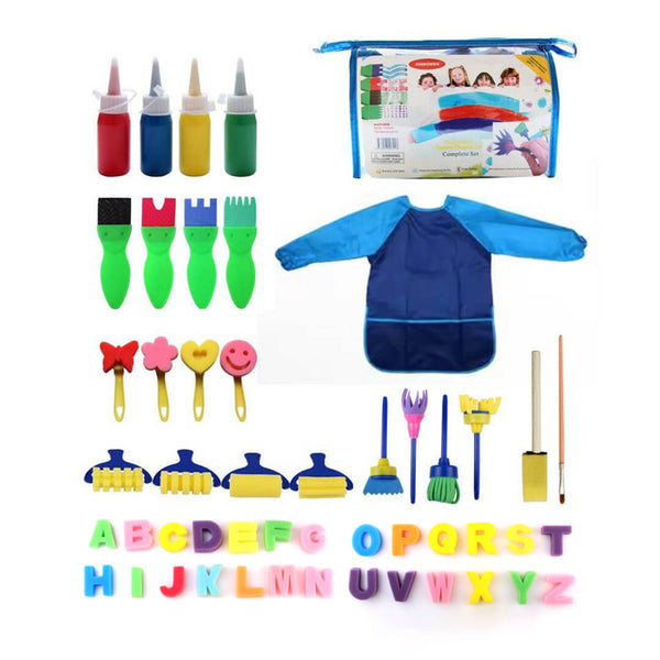 Kids painting set with sponge brushes, foam letters and watercolors, blue apron