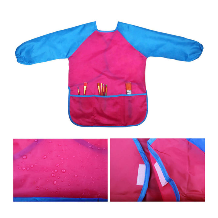 Pink and blue children's apron with pockets and brushes inside