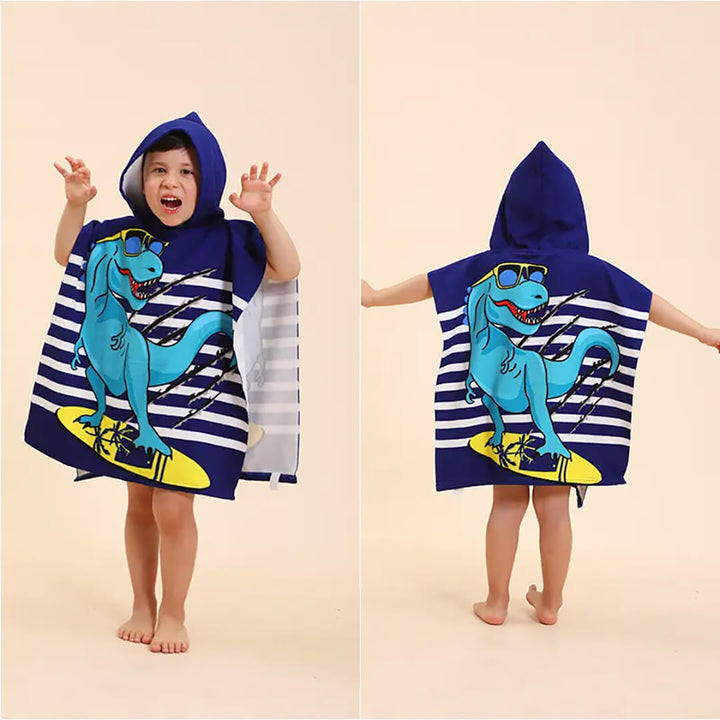Boys' Microfiber hooded beach towels, dinosaur with sunglasses design, front and back shot