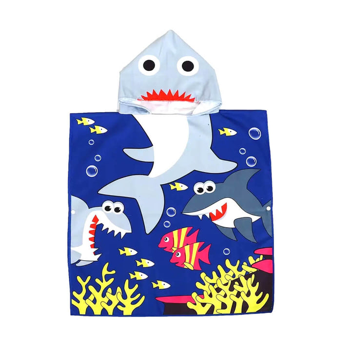 Boys' Microfiber hooded beach towels, navy shark with fishes design, front shot
