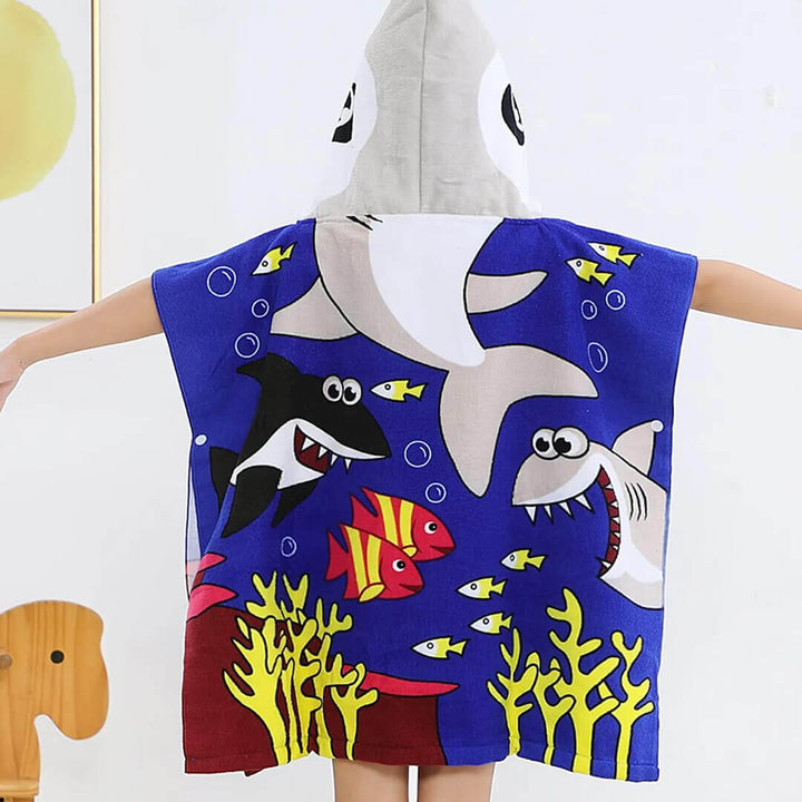 Boys' Microfiber hooded beach towels, navy shark with fishes design, back shot