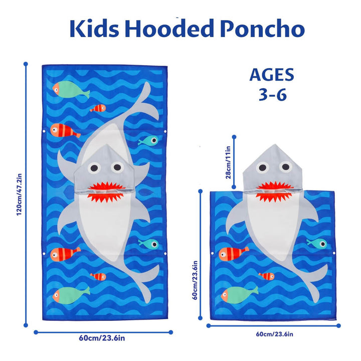 Boys' Microfiber hooded beach towels, blue shark design, dimesnions