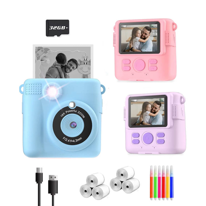 kids instant print camera with memory cart, 6 rolls and coloring pens.