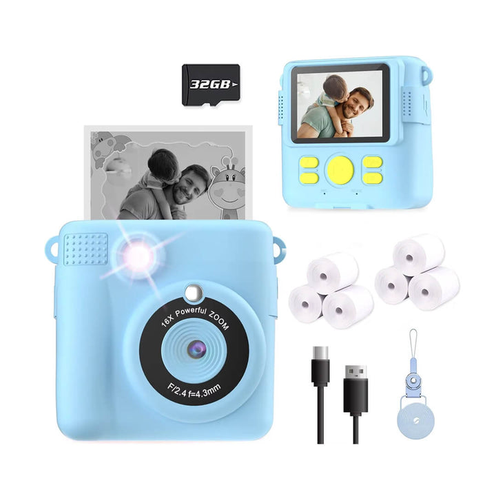 Blue instant print camera for kids with 6 rolls