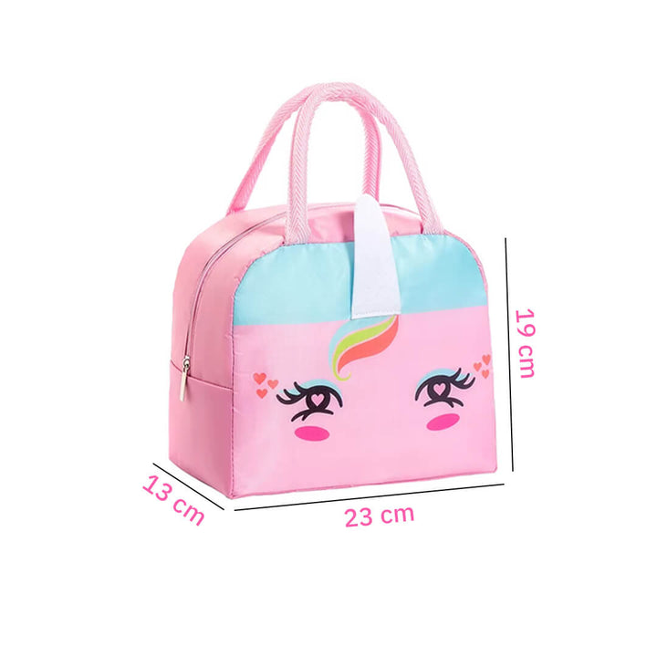 Insulated pink lunch bag with cute unicorn print, dimensions