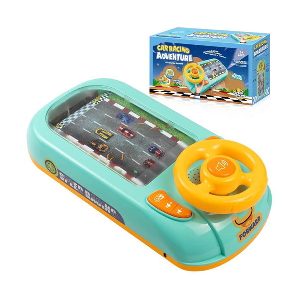 Toy car racing console with steering wheel and race track display, accompanied by its packaging.