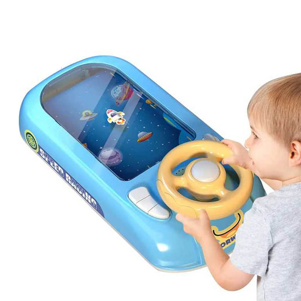 Child playing with a toy steering wheel with space theme