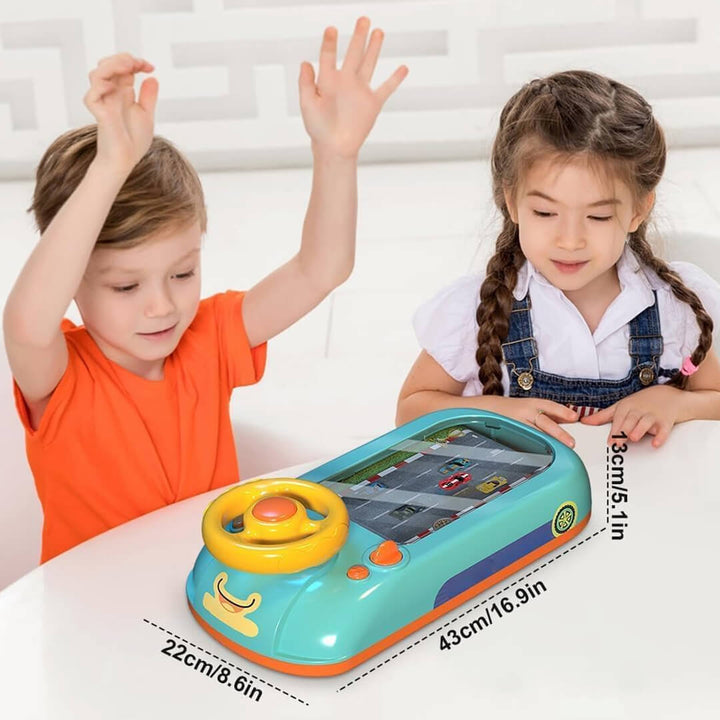 Two children playing with a toy steering wheel car with measurements displayed.